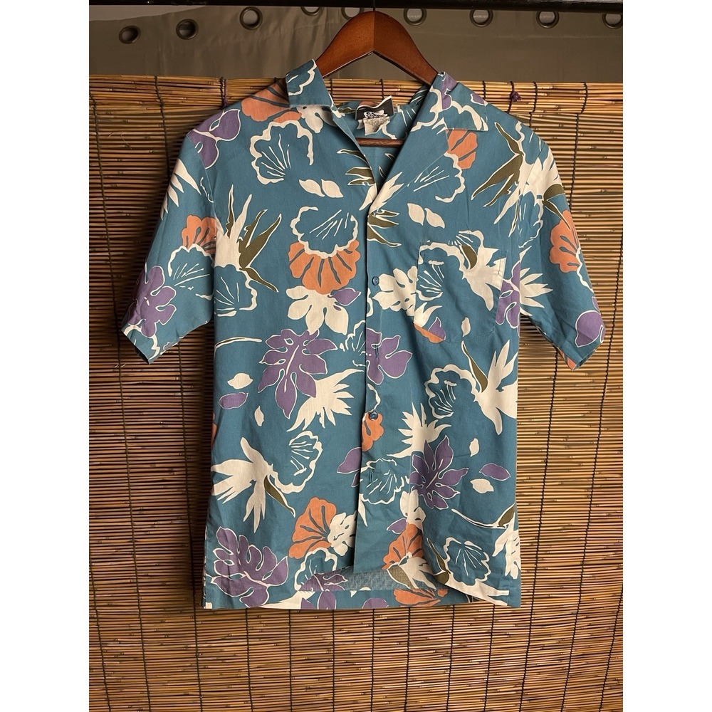 Vintage Hilo Hattie Aloha Shirt Mens Medium M Teal Blue Abstract Floral Hawaii